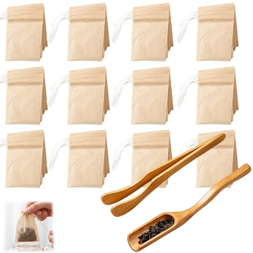 202-Piece Empty Tea Bags for Loose Leaf Tea Set, 200 Disposable Filter Paper Pouches (7x9cm) with Drawstring, 1 Bamboo Clip and 1 Wooden Scoop, Spice Bags for Cooking and Soup