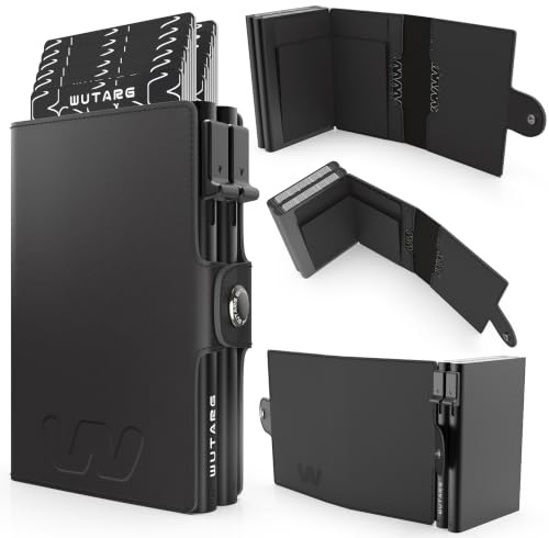 WUTARG Tarjetero Hombre - Cartera Minimalista RFID NFC, Sistema Dual Slide, Metal, Cuero PU Premium, Billetera compacta antirrobo, Acceso rápido - 16 Tarjetas + 4 Billetes (Deluxe Black)