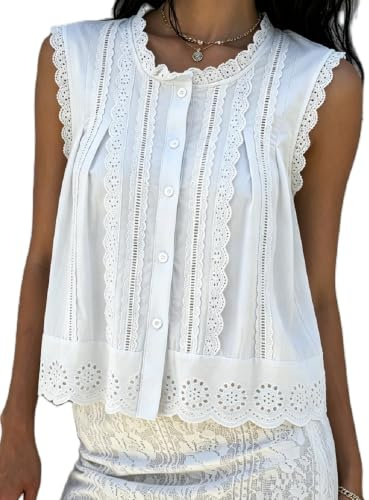 Eimmao Women Eyelet Lace Tank Tops Boho Sleeveless Vest Blouse | Babydoll embroidered lace trim crop top button down bohemian flowy cute camisole summer casual going out shirts vacation