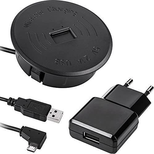 SOTECH Wireless Charger WLC-01 (anthrazit, Ø 70 mm) USB Tischladegerät mit Netzteil zum Einbauen in Möbel kabellose Ladestation für Qi fähige Smartphones
