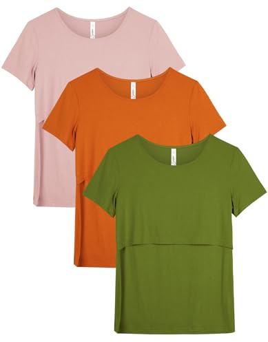 Sosolism Lot de 3 T-Shirts d'allaitement à Manches Courtes pour l'Été Shirts Décontractés pour Femmes Enceintes et Postpartum Rose, Orange, Vert Olive, Moyen