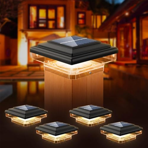 kefflum Lámparas de Columna Solar Al Aire Libre Lámparas de Tapa de Columna Solar, LED IP65 Impermeables Lámpara de Jardín de para Jardines Patios y Bordes de Carreteras (Negro, 4 Piezas)