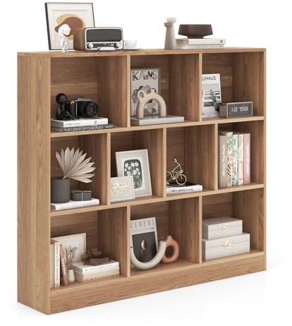 COSTWAY Libreria a 10 Cubi, Organizzatore di Stoccaggio a 3 Ripiani con 2 Kit Anti-Ribaltamento, Scaffale Multiuso in Legno per Soggiorno Camera da Letto Ufficio, 120x24x104 cm (Naturale)