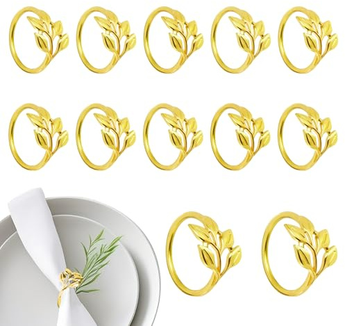 XIMEY - 12 servilleteros de oro, diseño de hojas, para bodas, cenas familiares, cenas, restaurantes, hoteles (hojas doradas)