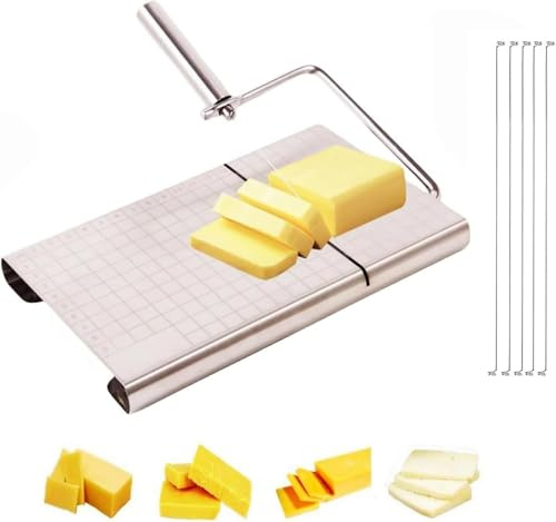 Direvcdro Stainless Steel Cheese Slicer with 5 Replacement Wires Adjustable Cheese Cutter and Cutting Board - For Block Cheese with Precision Scale for Gadget，Charcuterie etc