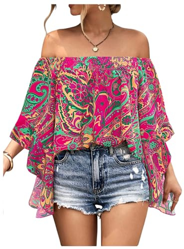 BEAUDRM Women's Y2K Floral Off Shoulder Blouse Boho Shirt Ruffle Half Bell Sleeve Blouses Shirred Vacation Beach Shirt Pink and Green Large