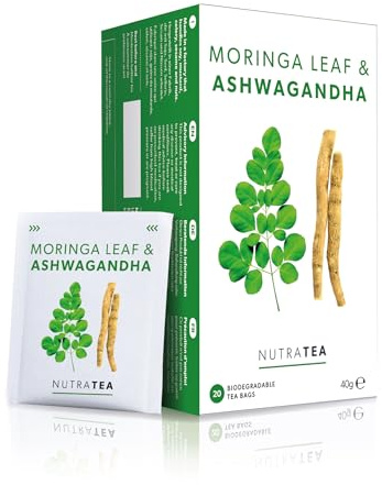 Nutra Tea Moringa Leaf & Ashwagandha - Moringa Tea Bags | Ashwagandha Tea Bags - Rich In Essential Nutrients & Cortisol Balance - 20 Individually Wrapped Bags - Herbal Infusion (1 Pack)