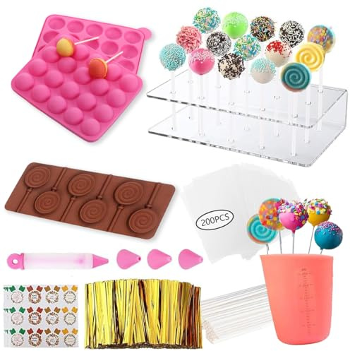 717PCSCake Pop Molds Kit, Lollipop Cake Pop Maker Set with Cake Pop Stand, Cake Pop Sticks and Wrappers, Decorating Pen, 4 Piping Tips, Measuring Cup