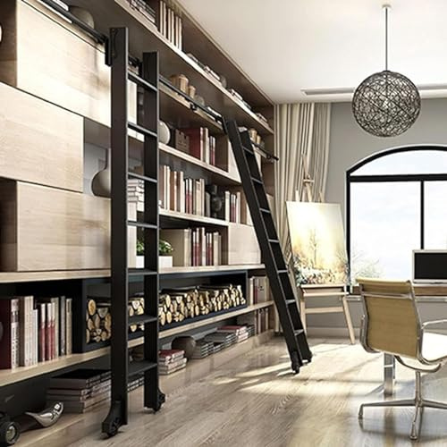 Skjutbara biblioteksstege hårdvaruset – komplett spårsats med teleskopiska övre krokrullar och golvhjul (bromsar ingår) – mångsidig för lofttrappor och bokhyllor (500 cm/16,4 fot)