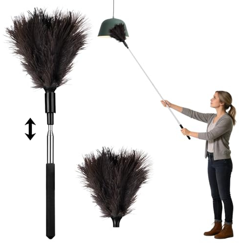 Vicloon Plumero de Plumas de Avestruz, Duster Atrapapolvo 38-85cm Extensible Ajustable Lavable Plumero de Mano Natural Esponjoso Reutilizable para Persianas Muebles Coches Mango de Acero Inoxidable