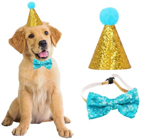 3 Pezzi Cappello per Cani Compleanno, Cappello da Festa Regolabile per Cani e Gatti, con Collare Papillon e Numero blu, Pet Feste di Compleanno Decorazioni Animali