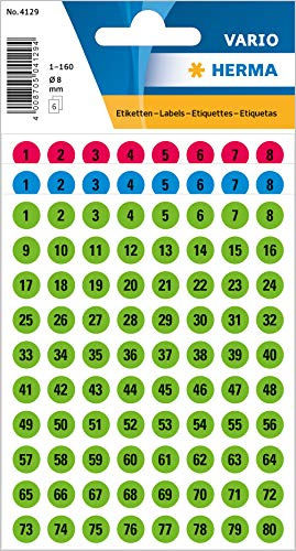 HERMA 4129 Lot de 480 autocollants numérotés noirs de 1 à 160, ronds, Ø 8 mm, autocollants, petits, mats, chiffres adhésifs, numéros de maison, en papier à coller, multicolores