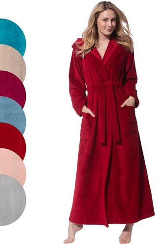 Morgenstern Bademantel Damen mit Kapuze extra lang, Kirschrot, M
