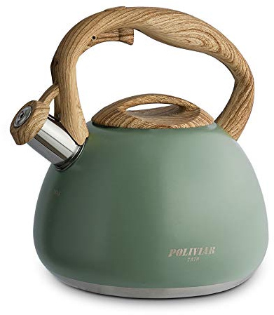 Poliviar Tea Kettle, 2.7 Quart Seaweed Green Finish with Wood Pattern Handle Loud Whistle Food Grade Stainless Steel Teapot, Anti-Hot Handle and Anti-Rust, Suitable for All Heat Sources (JX2020-SB30)