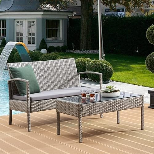 TMEE Grey Rattan Garden Furniture Set 2 Pieces Patio Outdoor Wicker Sofa Bench with Glass Coffee Table for Poolside Backyard Balcony