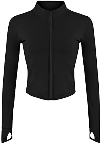 Veste Sport Femme de Course Légère à Fermeture Éclair avec Trous pour Les Pouces - S Noir