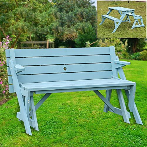 Utomhus picknickbord hopfällbart, 2-i-1 transformerande utbytbart trädgårdsbänkbord, konvertibelt picknickbord med paraplyhål, för bakgård, veranda, uteplats, däck (färg: blå)