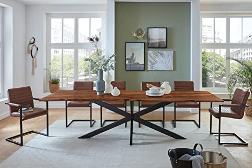 SAM Baumkantentisch 240 x 100 cm Clara, Akazienholz nussbaumfarben & massiv, Esstisch mit schwarzem Spider-Metallgestell, Tischplatte 26 mm, Esszimmertisch