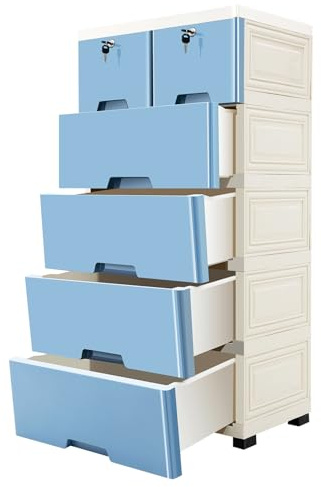 HauTour Komode - Armario organizador con 6 cajones, de plástico, para dormitorio, salón, habitación de los niños, pasillo, 50 x 35 x 102 cm, color azul