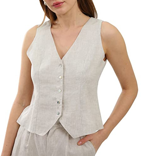 Chaleco de traje Amazhiyu para mujer, de lino sin mangas, con escote en V, corto, botones, ajuste estrecho, correas ajustables, lino, M