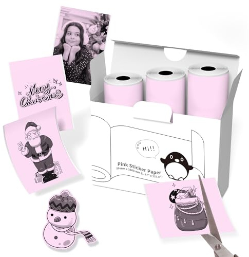 T02/M02L/M02/M02X Papier Thermique Autocollant Rose - 50mm x 3500mm Papier Thermique pour Photos, Apprentissage, Notes, Journaux, Bricolage, Mémos, Papier Thermique se Conservant 10 ans, 3 Rouleaux