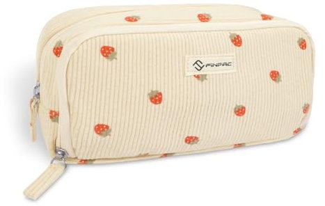 FINPAC Federmäppchen, Federtasche aus Cordstoff Große Kapazität Mäppchen mit 3 Fächern Pencil Case Stiftetasche Schlamperbox Bleistifttasche Schulmäppchen für Schule & Büro, (Erdbeere)