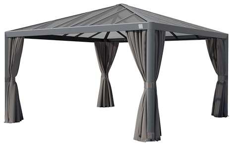 PRIMEYARD Trädgårdspaviljong 4x4 m med tak av polykarbonat - Hardtop Paviljonger med 4 sidopaneler i grått