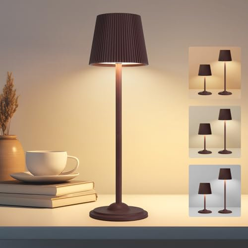 VKH Lampada da Tavolo LED Senza Fili Bronzo Rosso, Dimmerabile Tattile a 3 Colori, Design Ondulato Smontabile, Ricaricabile USB-C, Luce da Comodino Moderna per Camera, Ufficio, Esterno