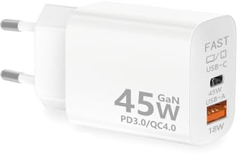 PYRODUM USB C laddare 45 W (GAN), snabbladdning 1C + 1A, PD 3.0 kompakt snabbladdare, Compatible with iPhone 17/16/15/14/13, Samsung Galaxy S25/24/23/22/21, Macbook Pro, iPad Pro, USB-kontakt