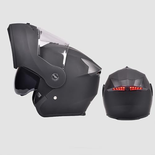 BDBLFLTZ Casque Moto intégral, Double visière Rabattable, modulaire, avec feu arrière à LED, pour Hommes Adultes Black A