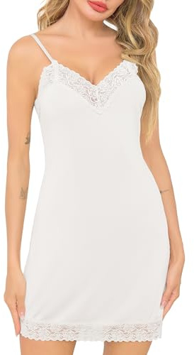 Sopesil Fond de Robe Femme Bretelles Réglables Col en V Jupon Séduisant en Dentelle Lingerie Élégante Chemise de Nuit Femme Grande Taille S-3XL