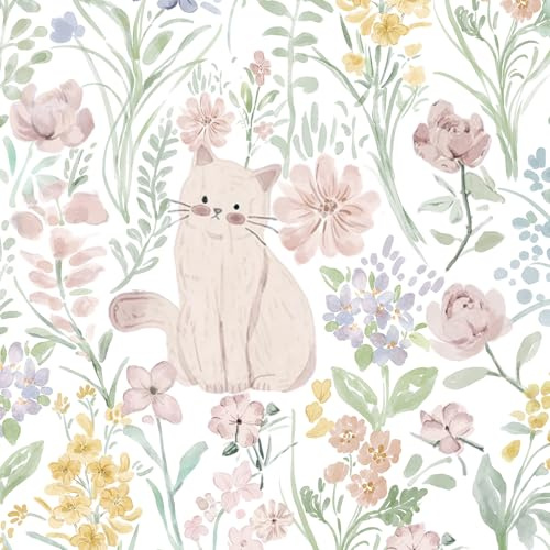 Yomshi Självhäftande film möbler rosa katt och blommor möbelfolie 44 x 300 cm vacker retro tapet vinylfilm för möbler sovrum vardagsrum hall förtjockad vattentät självhäftande