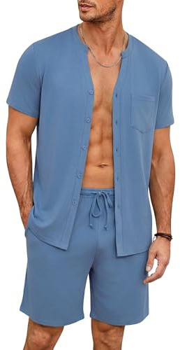 Demegimi Pyjama Homme Été Coton Court 2 Pièces Col Rond Chemise à Manches Courtes et Short Confortable