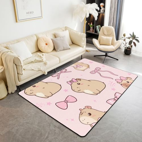 Erosebridal Cute Capybara Area Rug 6'6 X 4'11 Pink Bow Living Room Rugs Non Slip Cartoon Love Heart Bowknot Bows Decorative Carpets Rodent Animals Indoor Floor Mat