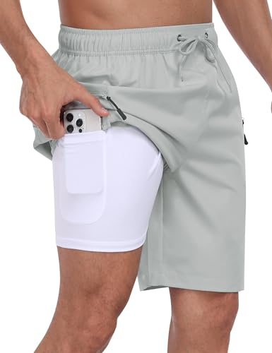 MoFiz badbyxor för män med kompression foder 2 i 1 med dragkedja badshorts herr snabbtorkande ventilerande badbyxor långa med justerbar dragsko