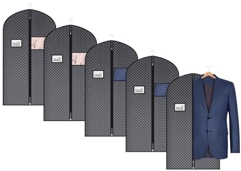 Univivi Garment Bag, 40 inch Suit Bag for Storage, 5 Pack, Black | Suit Cover, Clear Window and ID Card, Breathable Full Zipper, For Suits, Jackets, Skirts, For Storage