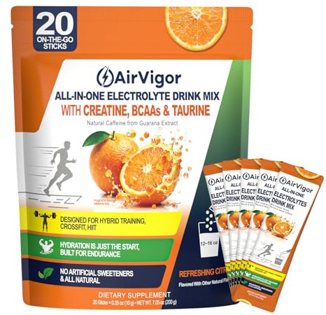 Creatine Electrolyte Powder – AirVigor 20 Sticks All-in-One Electrolyte Drink Mix with BCAAs, Taurine & Amino Acids for Crossfit, HIIT & Hybrid Training, Low-Calorie Natural Hydration Packets