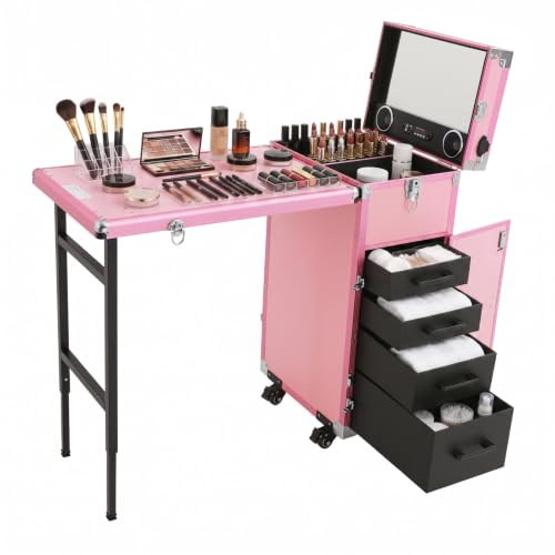 Maleta de maquillaje rosa para cosméticos, para peluquería, maletín de maquillaje, maletín de uñas, estuche de belleza, peluquero, maletín con ruedas