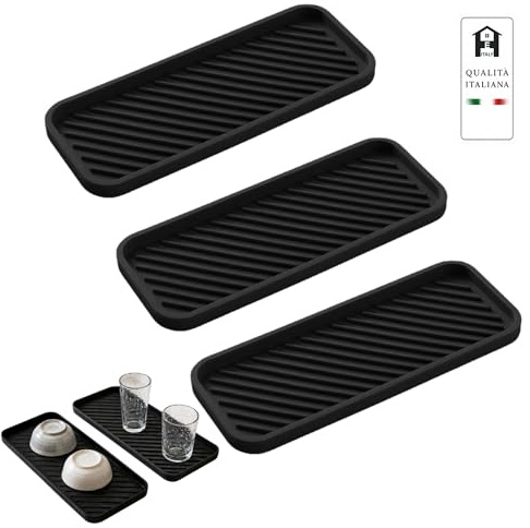 EITALY 3 Pezzi Vassoio Porta Spugne Lavello Cucina, Portaspugne per Lavello Cucina, Tappetini Drenanti in Silicone Nero, Organizer per Lavellos in Silicone Antiscivolo, per Scolapiatti Tazze Bagno