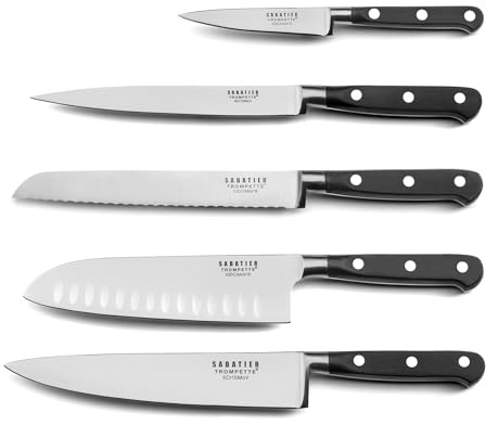 SABATIER TROMPETTE - Set de 5 couteaux de cuisine : Office, Filet de Sole, Couteau pain, Santoku et Couteau de chef - Origin - Acier 5Cr15MoV finition satinée manche ABS - Noir