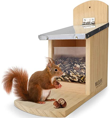 Squirrel Feeder With Metal Roof - Natural Wood, Extra Long Feeding Platform for Red Squirrels - Hanging Feeding Station for Garden