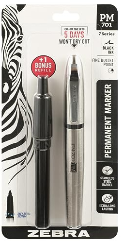 Zebra Pen, PM-701 Permanent Marker, Fine Bullet Point, Black Ink, Stainless Steel Barrel, Refillable, Includes 1 Refill, Cap Off Time of 120 Hours, 1-Pack (65211)