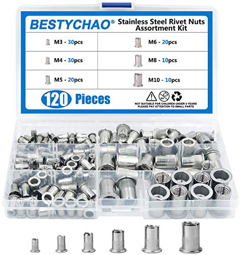 BESTYCHAO 120pcs Rivet Nut 304 Acier Inoxydable Tête Plate Insert Fileté Nutsert, Rivnut Assortiment Kit M3 M4 M5 M6 M8 M10