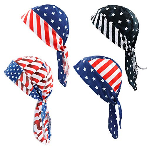 GUIFIER 4 Pack Do Rag/Dew Rag Sweat Wicking Skull Cap Priate Hat Motorcycle Head Wrap Doo Rags Helmet Liner Beanie for Men Women - Stars and Stripes
