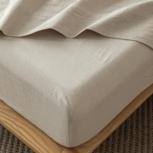 MooMee Fitted Bottom Sheet Only 100% Washed Cotton Linen Like Textured Breathable Durable Soft Comfy Deep Pocket Fits Mattress up to 17 (Tannish Linen Grey, Queen)