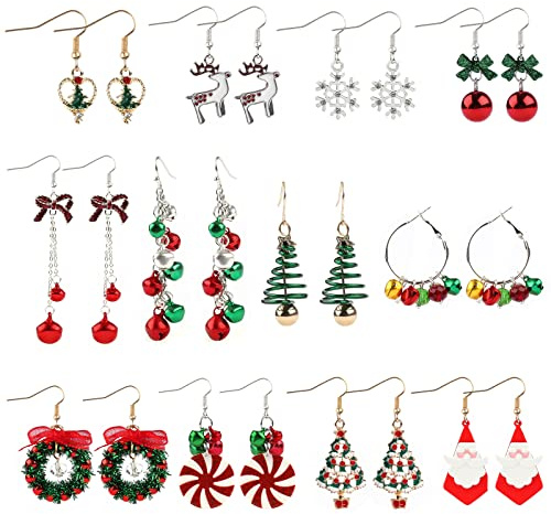 Kalolary 12 paia Orecchini Natalizi Pendenti Donna, Albero Natale Fiocco Babbo Natale Renna Fiocco Neve Placcato in Lega Orecchini Natalizi a Tema Natalizio Orecchini Pendenti per Donne e Ragazze