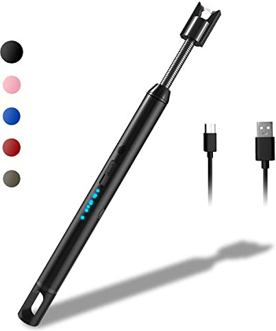 Rouclo Accendino Elettrico USB, Accendino Lungo per Candele Accendigas USB Ricaricabile con Indicatore della Batteria, Accendino Arco Elettrico per Accendere Candele, Stufe, Barbecue, Campeggio (Nero)