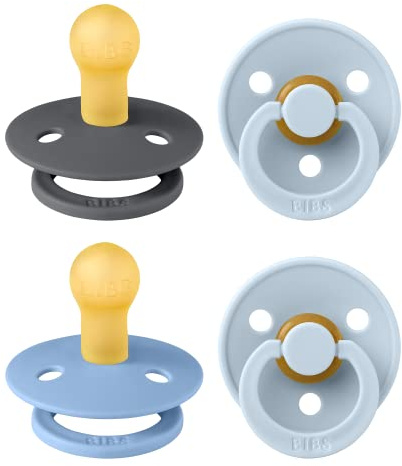 BIBS Colour Soother 4-Pack, BPA Free Dummy Pacifier, Round Nipple. Natural Rubber Latex, Made in Denmark. 0-6 Months (Pack of 4), Baby Blue Colours