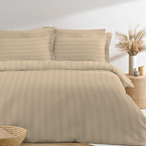 Pizuna 100% Cotton Taupe Satin Stripe Duvet Cover Set Super King Size, 300 Thread Count Damask Bedding Long Staple Cotton Sateen 260 x 220 cm Quilt Cover with Button Closure (Taupe Striped Bedding)