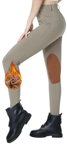 beroy Women Fleece Lined Horse Equestrian Riding Pants Breeches Winter Ladies Knee Patch Riding Horseback Pant with Pockets Khaki S